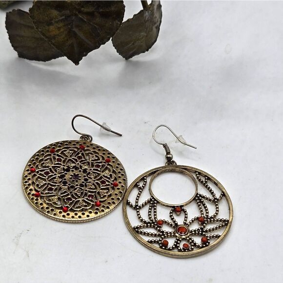 "5/$25" Mismatched Gold/ Red Madala Circle Disc Dangle Earrings - Picture 6 of 6